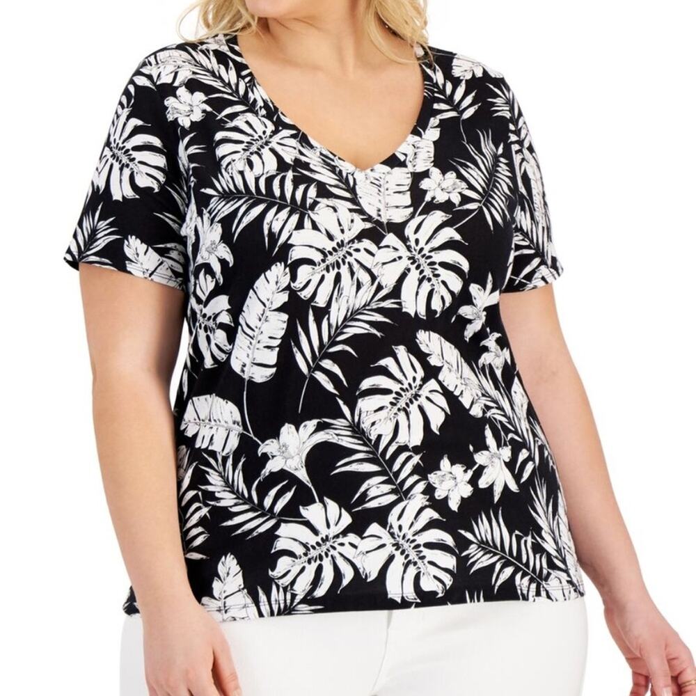 NWT INC International Concepts Plus Size Cotton V Neck Tee Tayler Tropical 1X